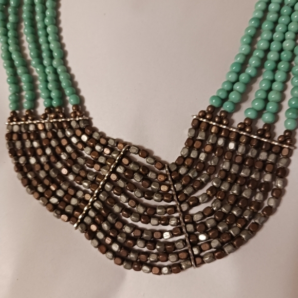 Tanjore India Beaded Bib Style Necklace Stunning Turquoise GREEN & Metal Beading - Picture 2 of 7
